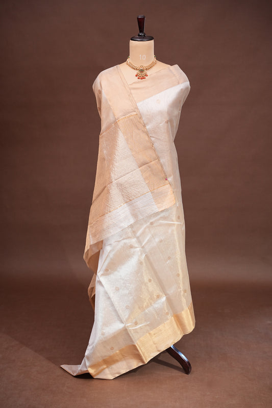 Pure Chanderi Silk Saree with Zari Buttas & Tissue Border - White & Gold