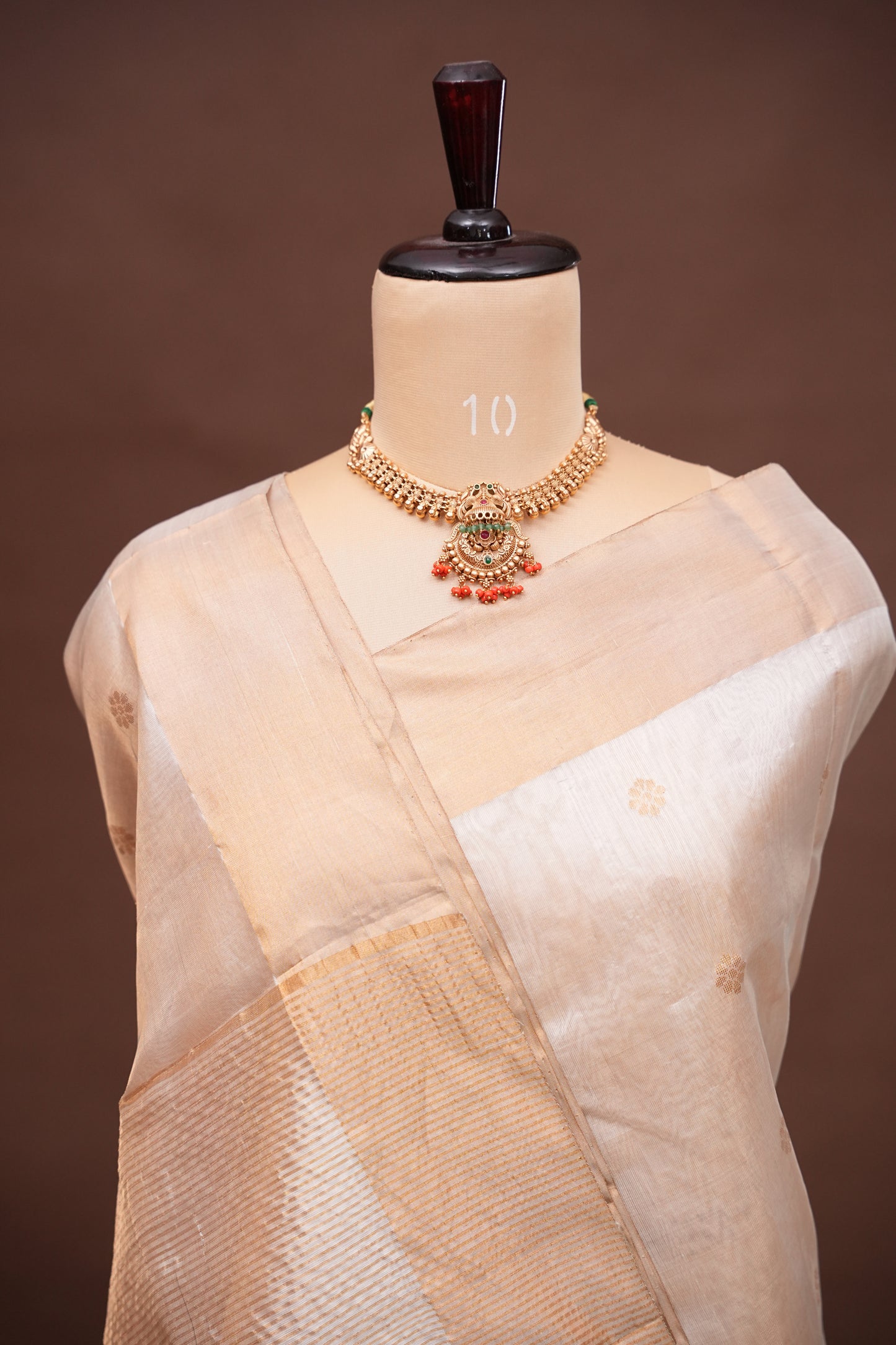 Pure Chanderi Silk Saree with Zari Buttas & Tissue Border - White & Gold