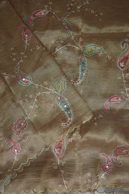 Gold Shade Glass Tissue Organza Designer Party Wear Saree