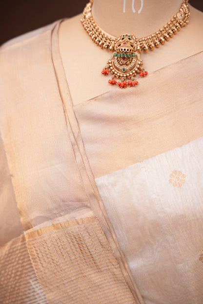 Pure Chanderi Silk Saree with Zari Buttas & Tissue Border - White & Gold