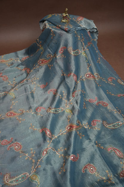 Glass Tissue Organza Designer Party Wear Saree with Digital Floral Prints -Dusty Blue