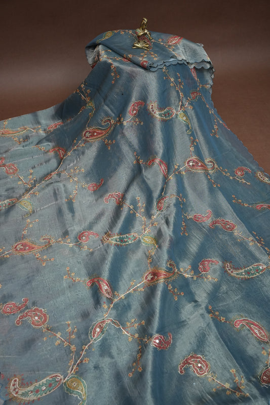 Glass Tissue Organza Designer Party Wear Saree with Digital Floral Prints -Dusty Blue
