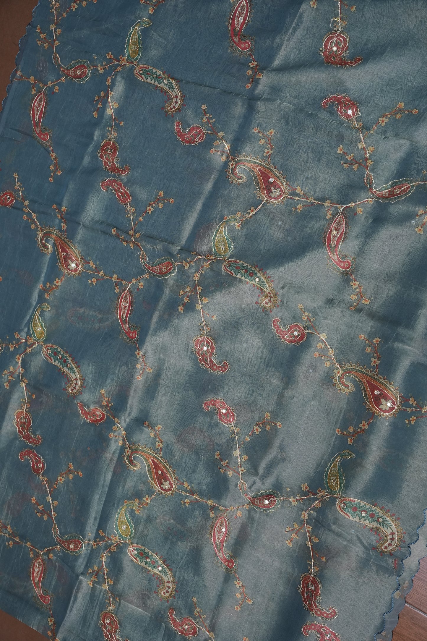 Glass Tissue Organza Designer Party Wear Saree with Digital Floral Prints -Dusty Blue