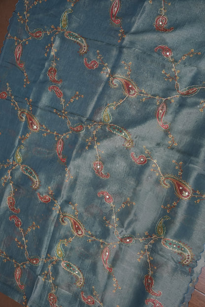 Glass Tissue Organza Designer Party Wear Saree with Digital Floral Prints -Dusty Blue