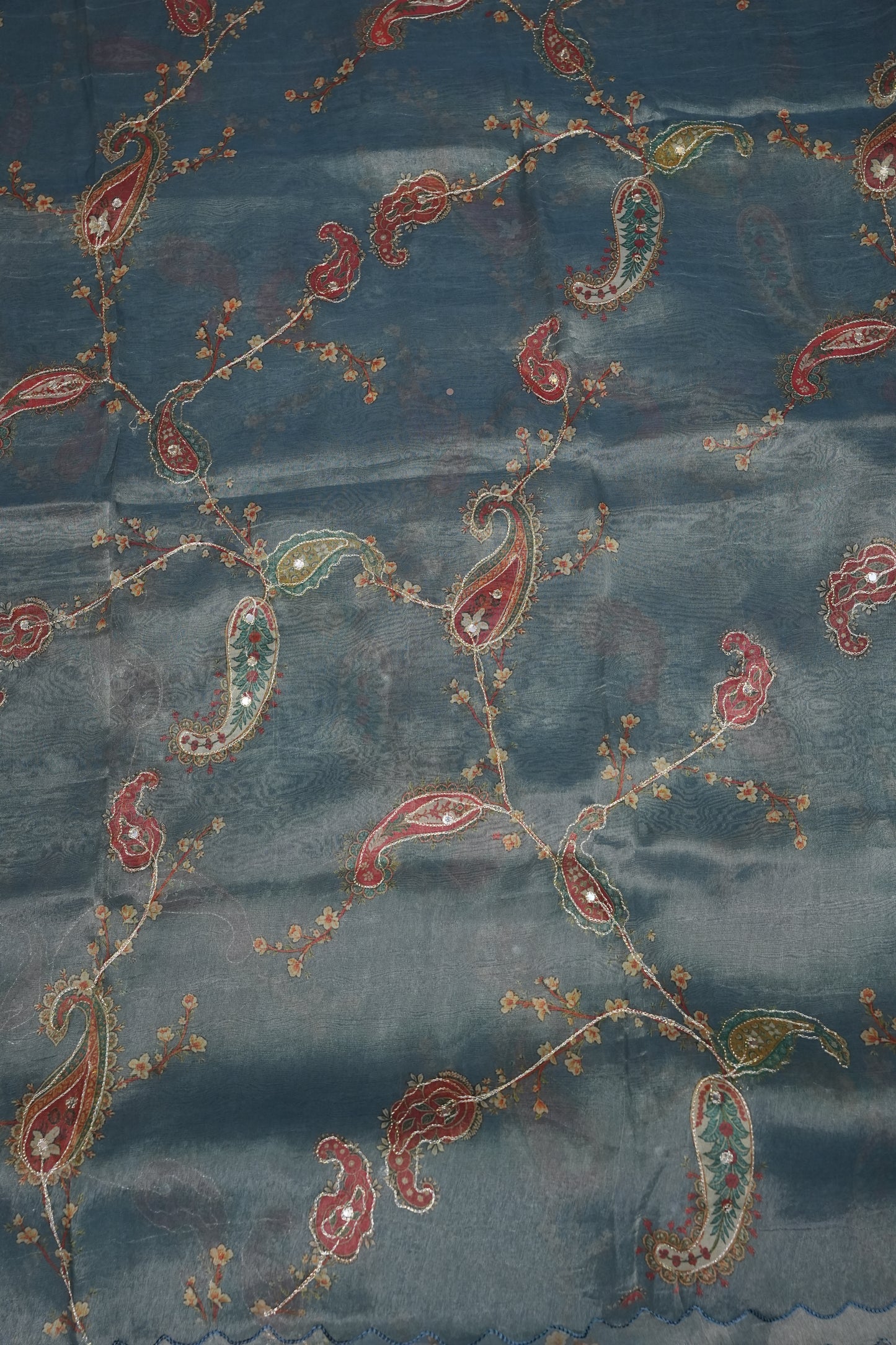 Glass Tissue Organza Designer Party Wear Saree with Digital Floral Prints -Dusty Blue