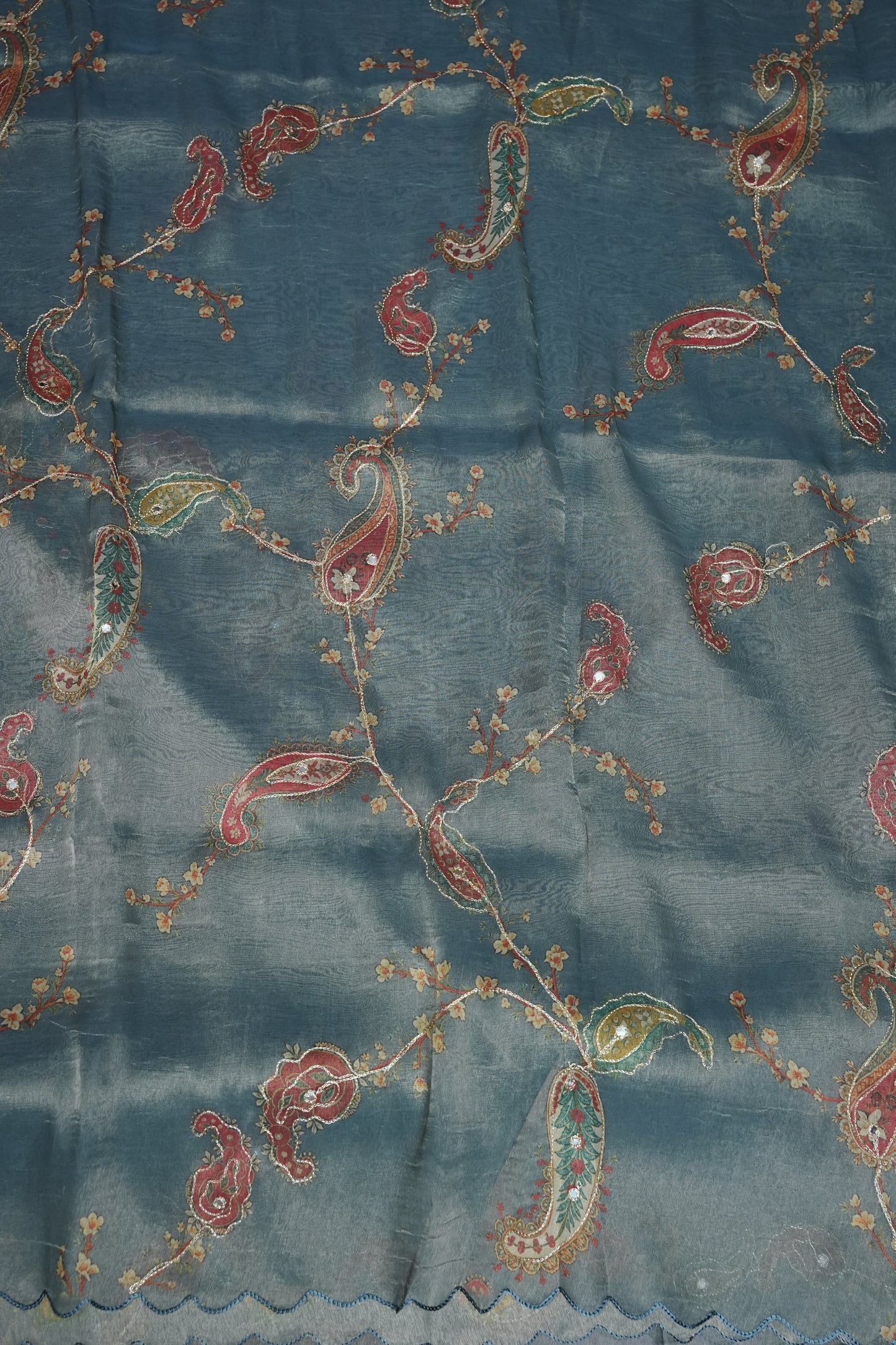 Glass Tissue Organza Designer Party Wear Saree with Digital Floral Prints -Dusty Blue