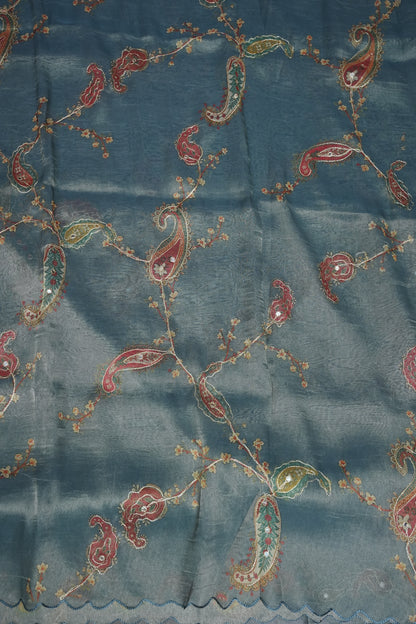 Glass Tissue Organza Designer Party Wear Saree with Digital Floral Prints -Dusty Blue
