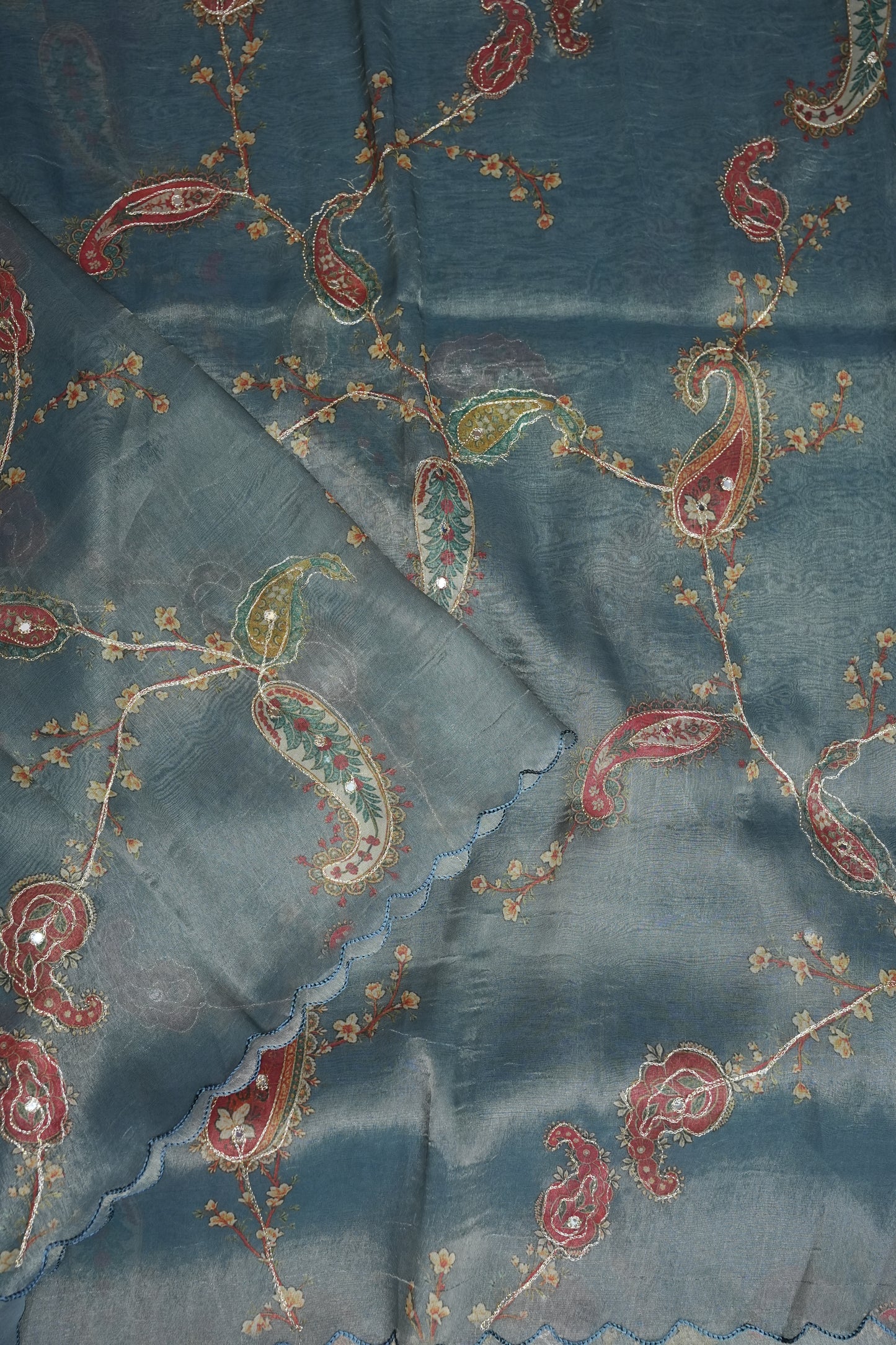Glass Tissue Organza Designer Party Wear Saree with Digital Floral Prints -Dusty Blue
