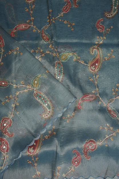 Glass Tissue Organza Designer Party Wear Saree with Digital Floral Prints -Dusty Blue