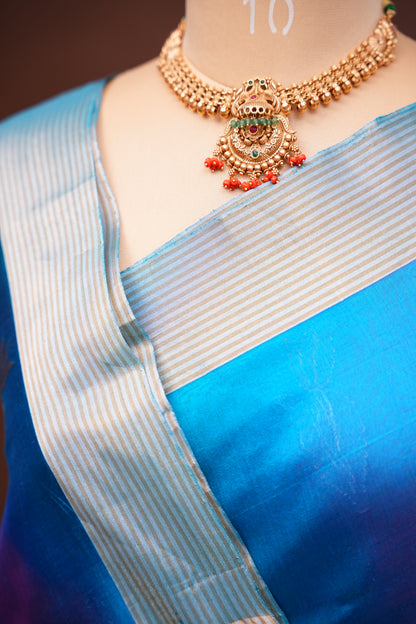 Pure Chanderi Silk Saree with Zari Buttas & Tissue Border - Dual Tone Blue
