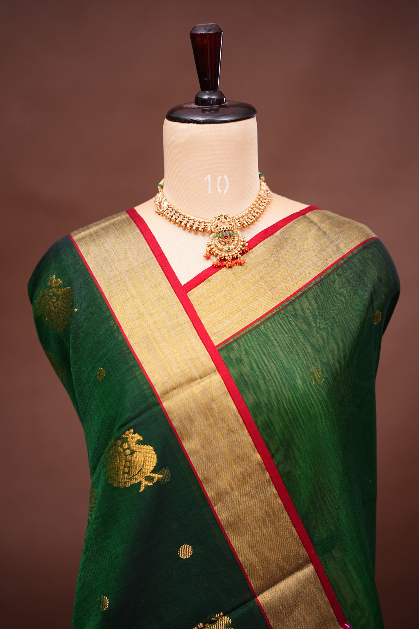 Pure Chanderi Silk Saree with Zari Buttas & Tissue Border - Dark Green