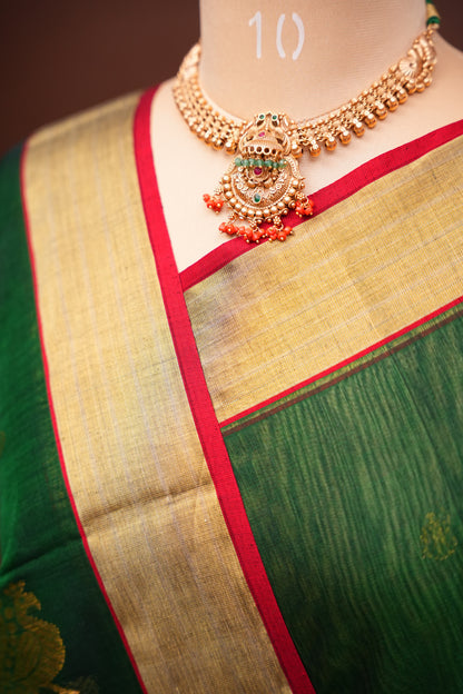 Pure Chanderi Silk Saree with Zari Buttas & Tissue Border - Dark Green