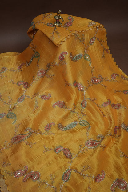Bright Mustard Gold Glass Tissue Organza Designer Party Wear Saree