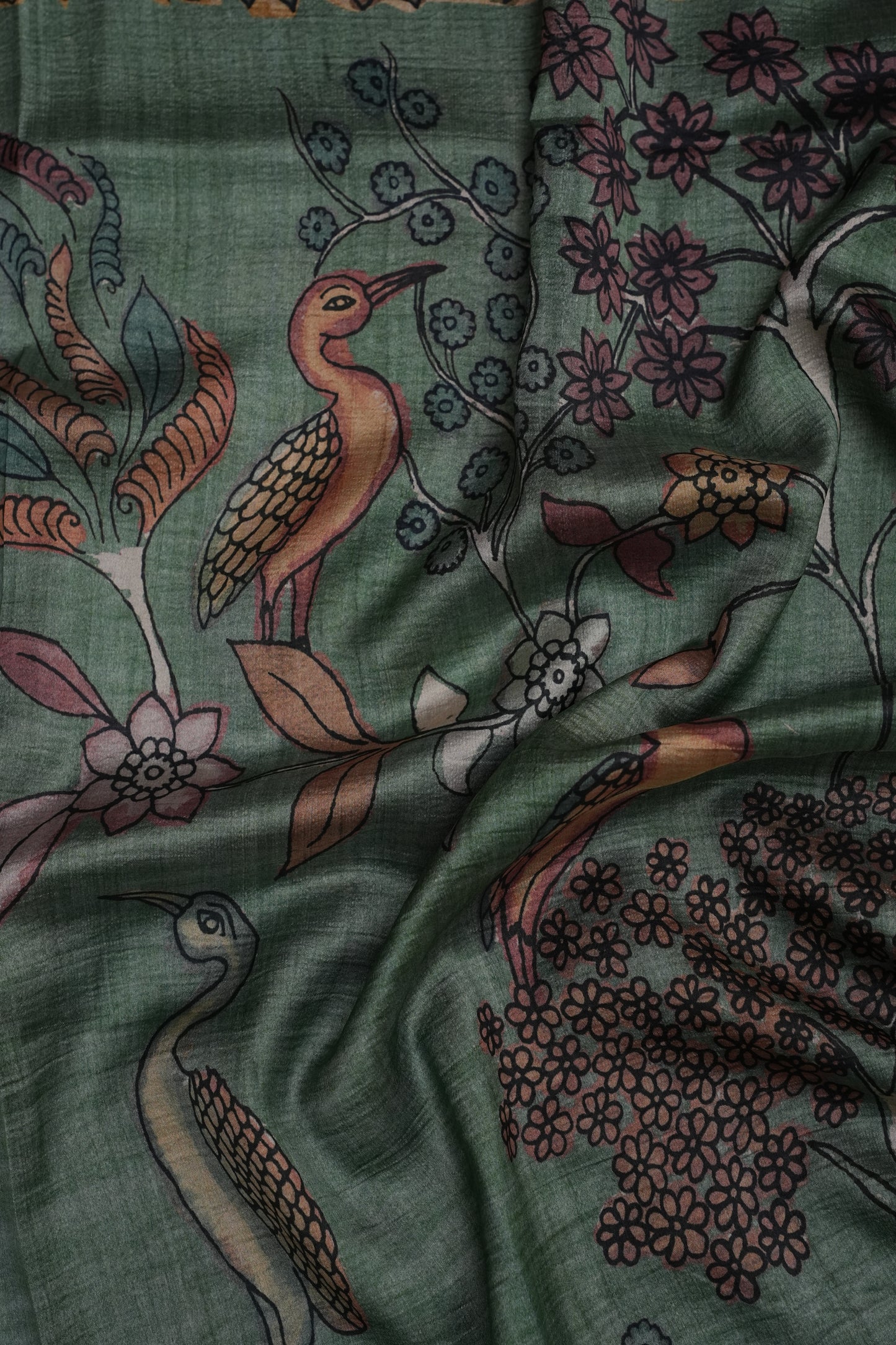 Artistic Green Kalamkari Tussar Silk Saree with Nature-Inspired Print