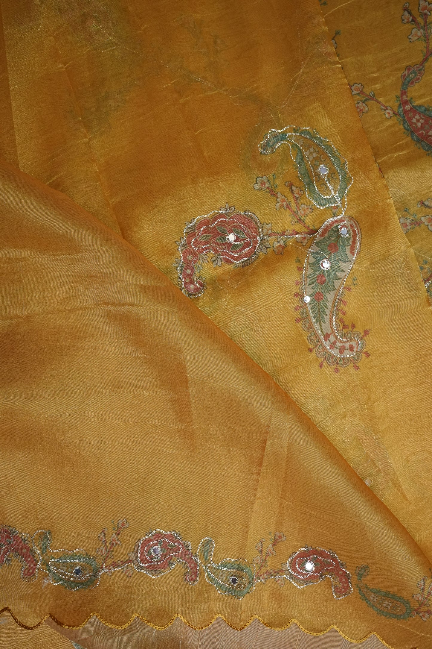 Bright Mustard Gold Glass Tissue Organza Designer Party Wear Saree