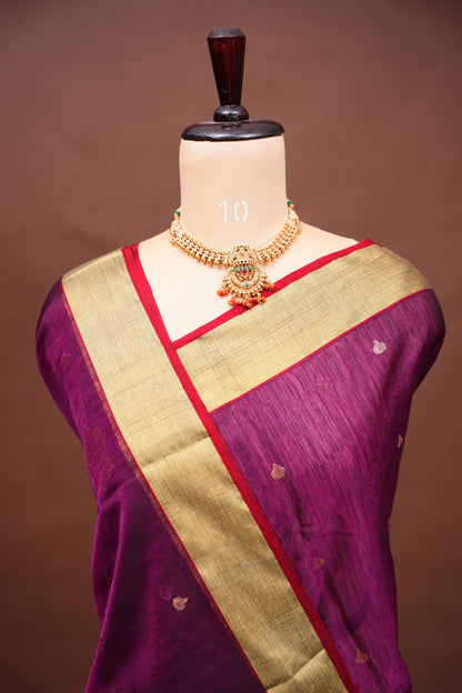 Pure Chanderi Silk Saree with Zari Buttas & Tissue Border - Dark Pink