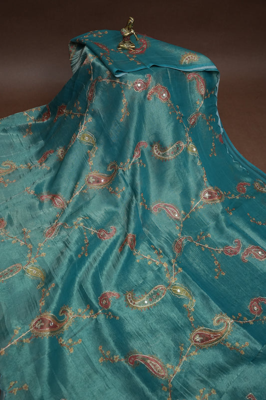 Teal Blue Glass Tissue Organza Designer Party Wear Saree