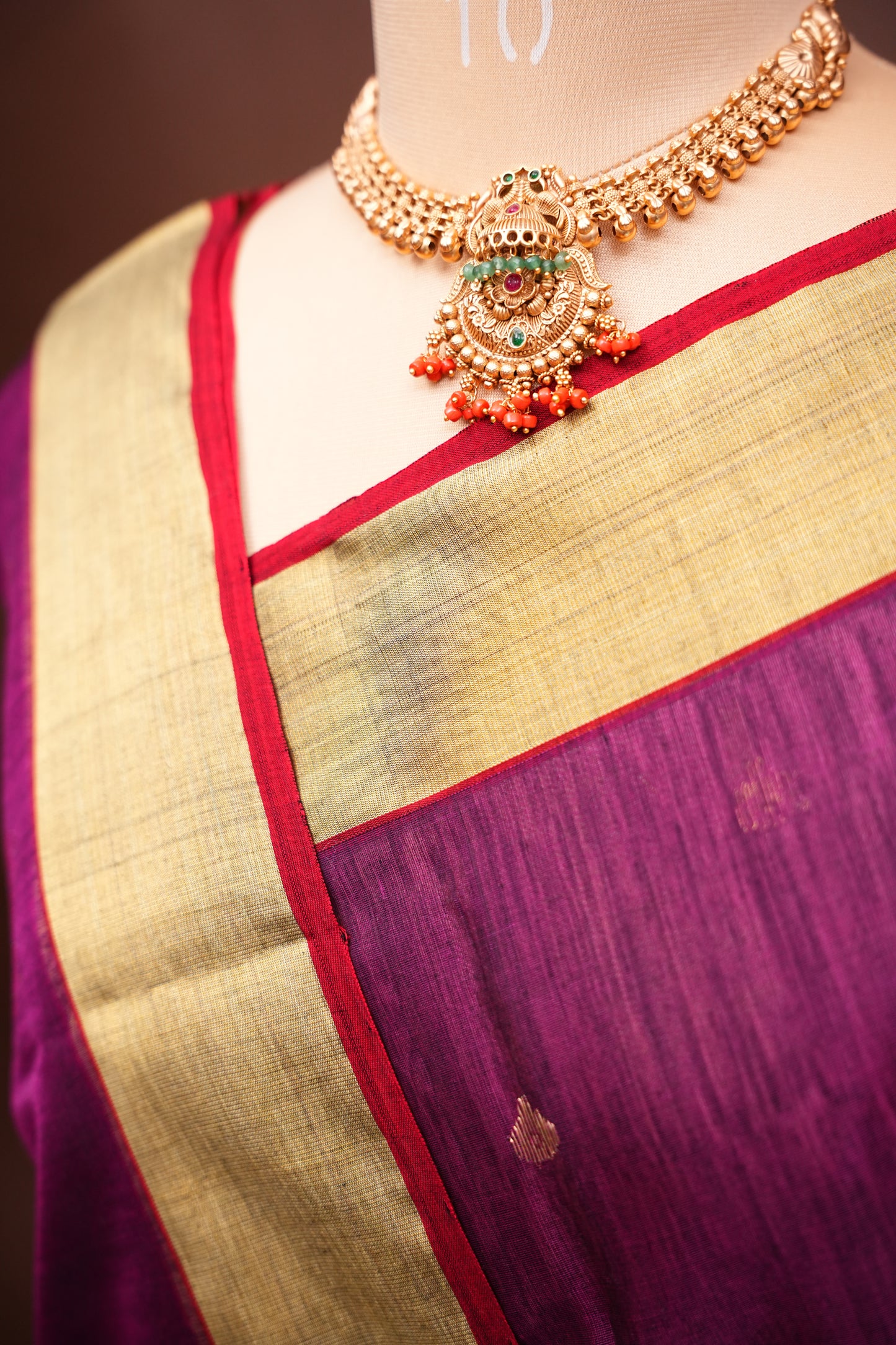 Pure Chanderi Silk Saree with Zari Buttas & Tissue Border - Dark Pink