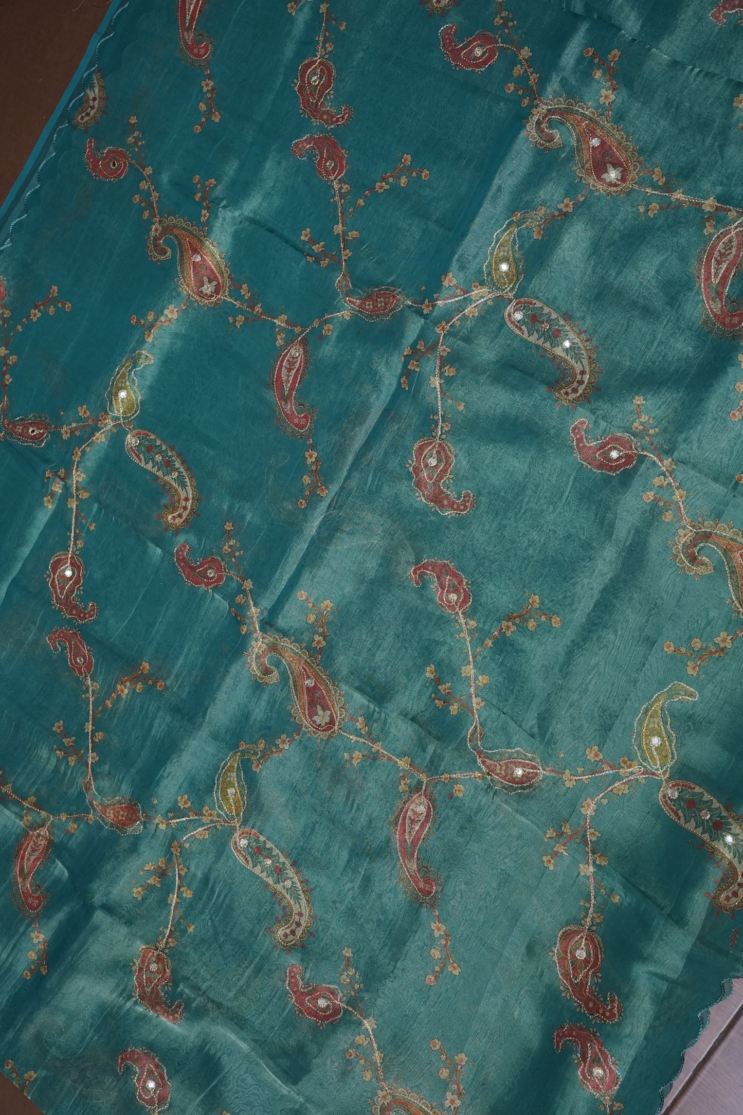 Teal Blue Glass Tissue Organza Designer Party Wear Saree
