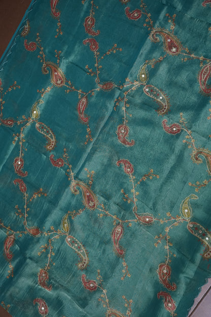 Teal Blue Glass Tissue Organza Designer Party Wear Saree