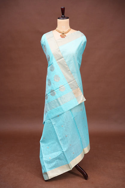 Pure Chanderi Silk Saree with Zari Buttas & Tissue Border - Sky Blue
