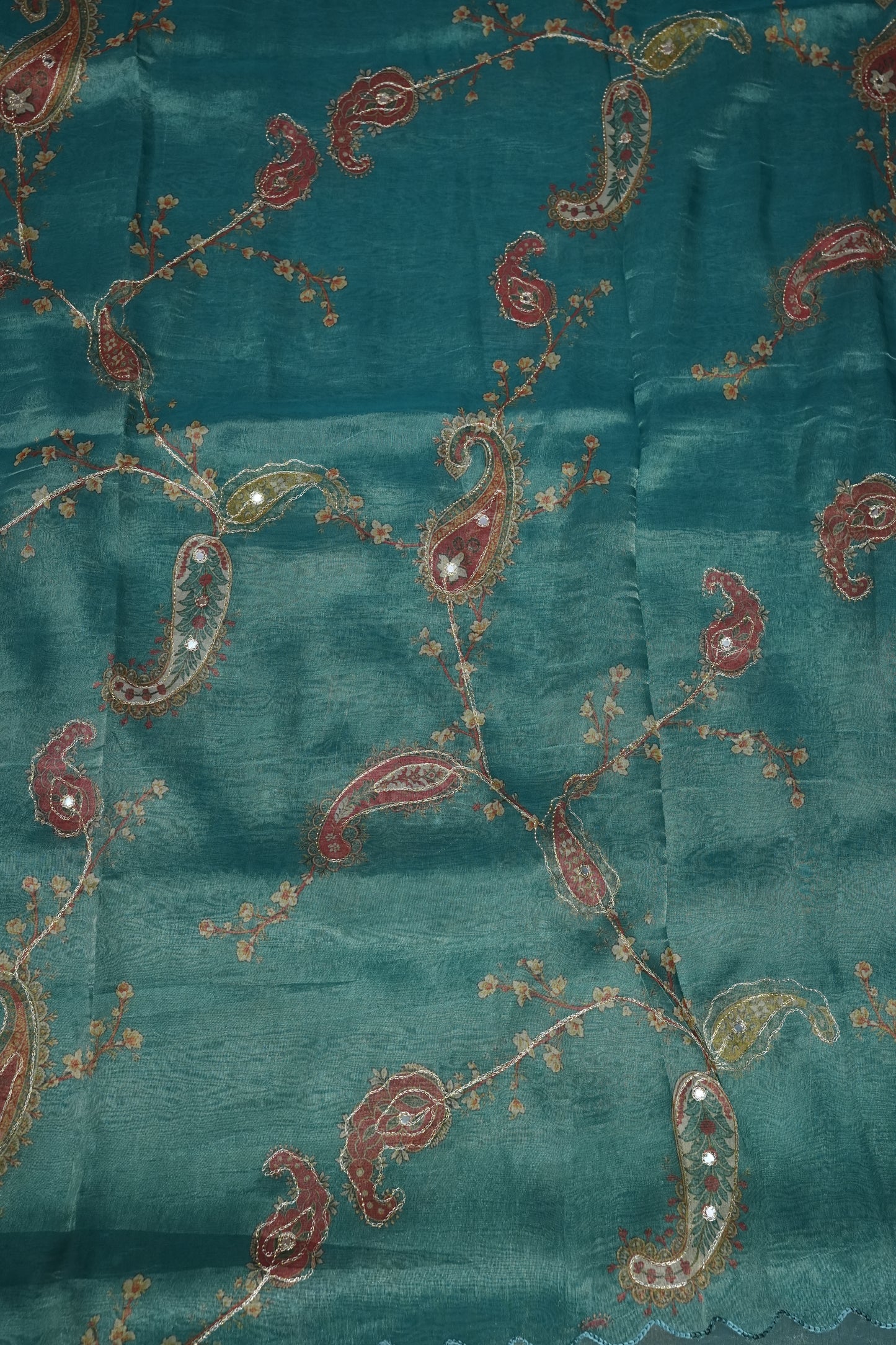 Teal Blue Glass Tissue Organza Designer Party Wear Saree