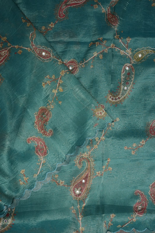 Teal Blue Glass Tissue Organza Designer Party Wear Saree