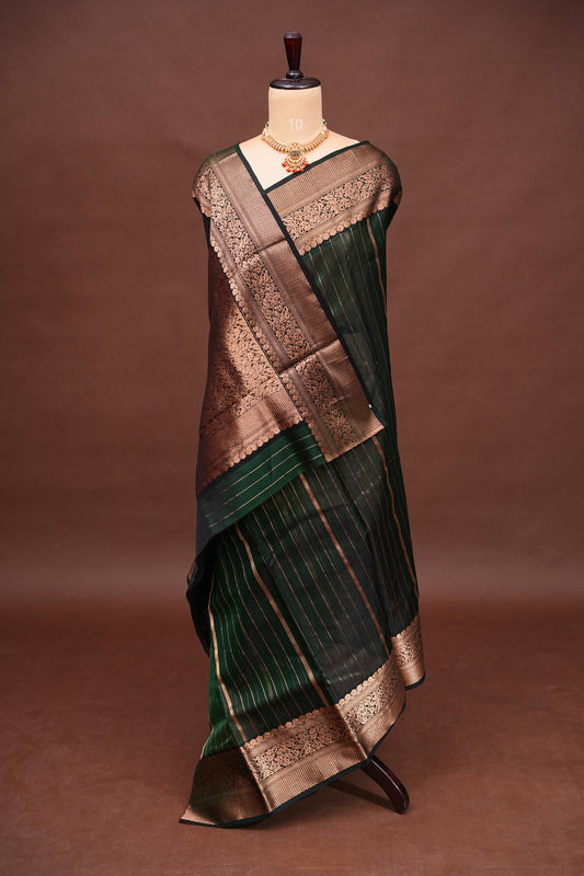 Pure Chanderi Silk Saree with Zari Buttas & Tissue Border - Deep Green