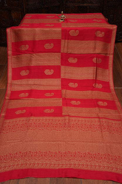 Tussar Banarasi Raw Silk Saree – Regal Red with Gold Mango Buttis