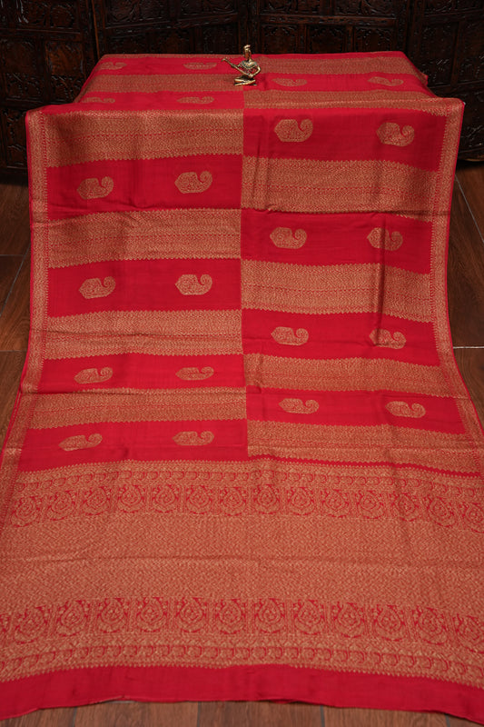 Tussar Banarasi Raw Silk Saree – Regal Red with Gold Mango Buttis
