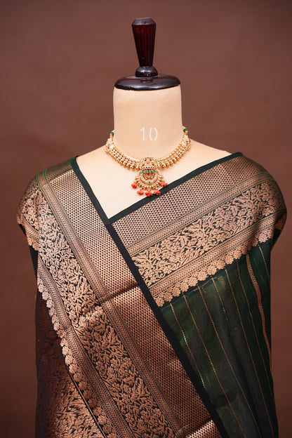 Pure Chanderi Silk Saree with Zari Buttas & Tissue Border - Deep Green