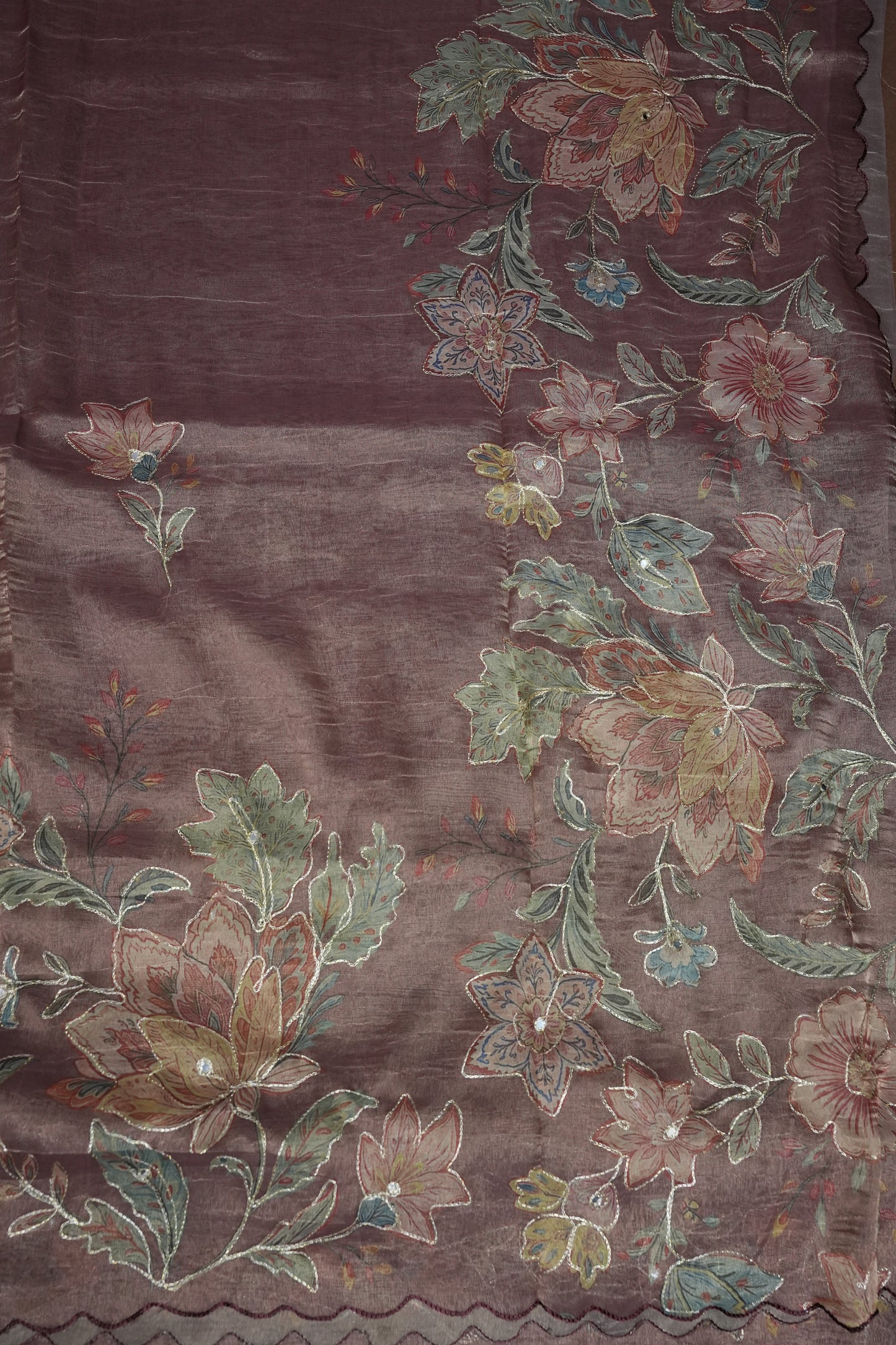 Mauve Shade Glass Tissue Organza Designer Party Wear Saree