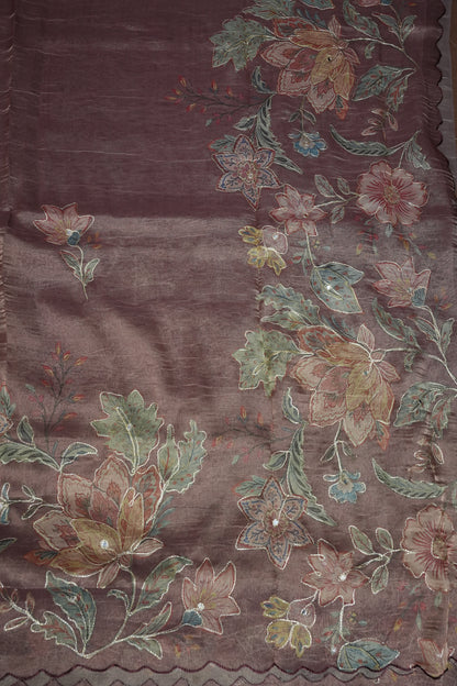 Mauve Shade Glass Tissue Organza Designer Party Wear Saree