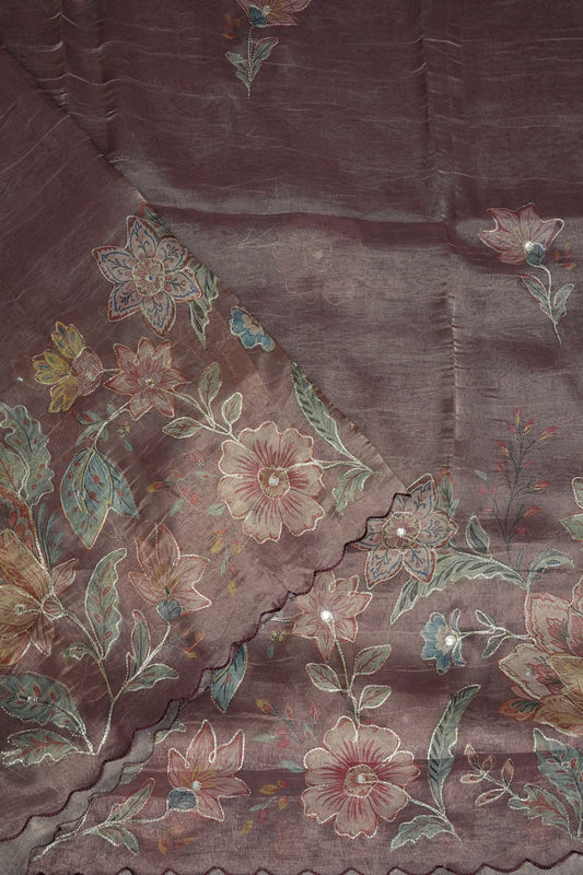 Mauve Shade Glass Tissue Organza Designer Party Wear Saree