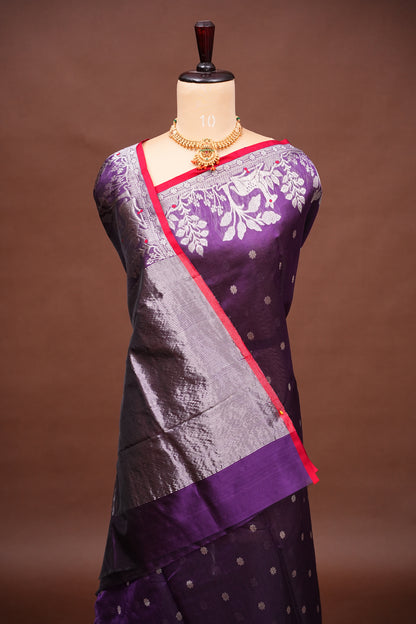 Pure Chanderi Silk Saree with Zari Buttas & Tissue Border - Royal Purple