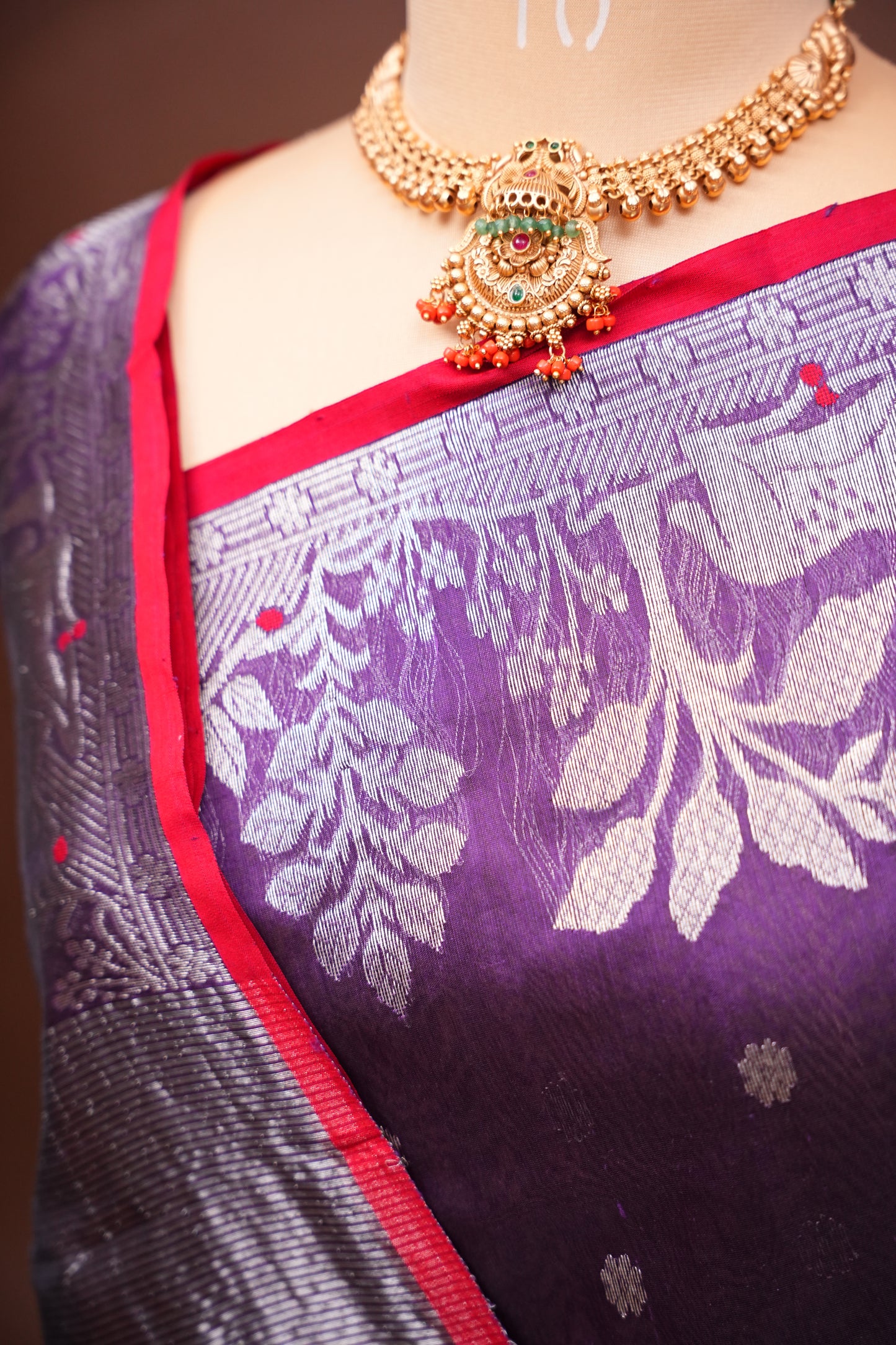 Pure Chanderi Silk Saree with Zari Buttas & Tissue Border - Royal Purple