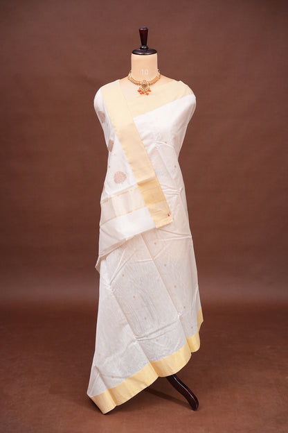 Pure Chanderi Silk Saree with Zari Buttas & Tissue Border - White