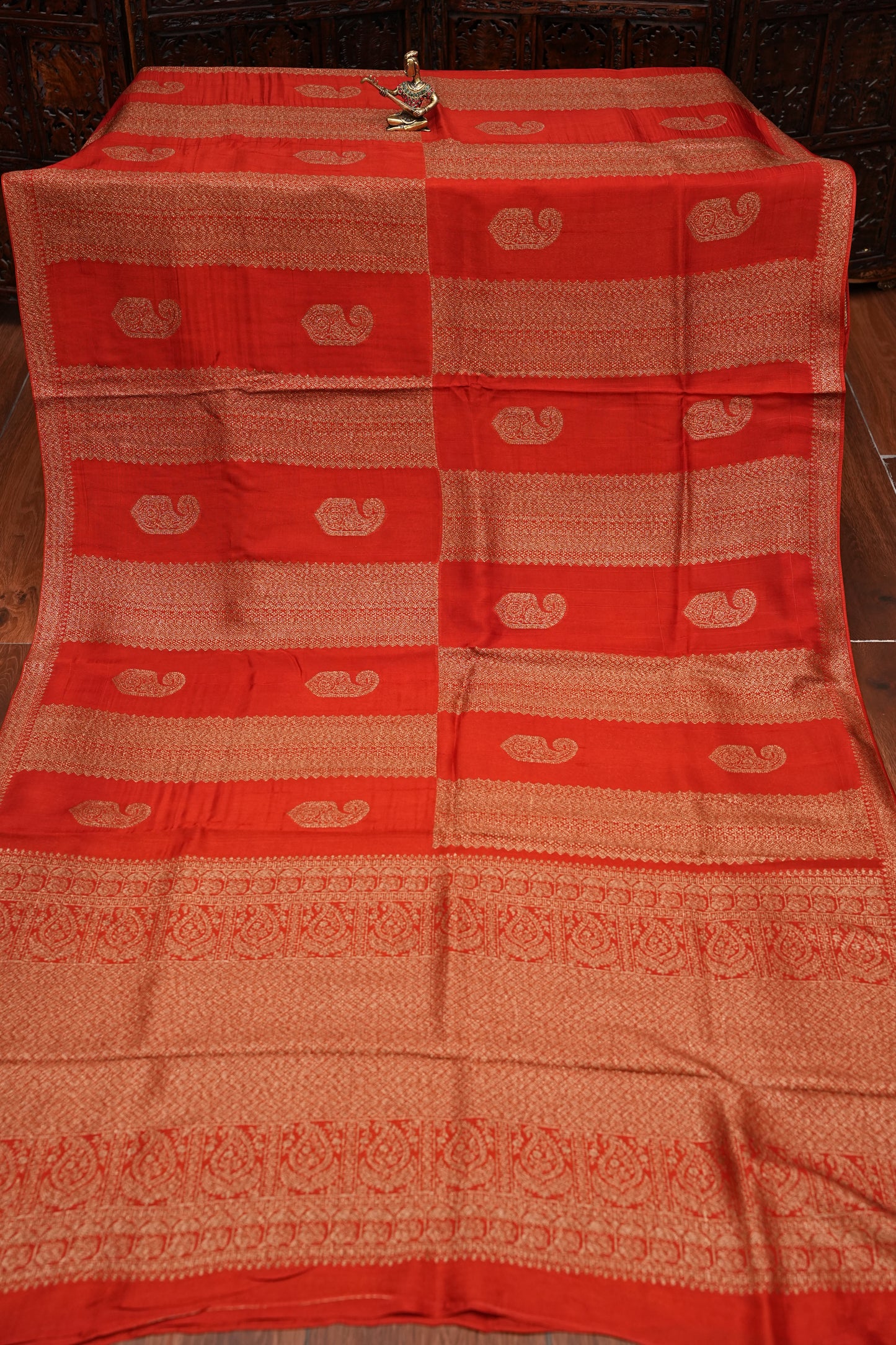 Tussar Banarasi Raw Silk Saree – Vermilion Red with Gold Mango Buttis