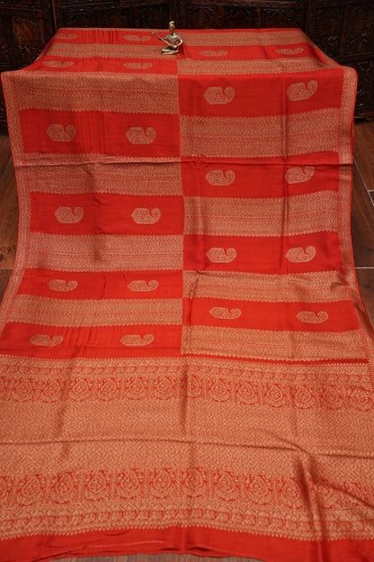 Tussar Banarasi Raw Silk Saree – Vermilion Red with Gold Mango Buttis