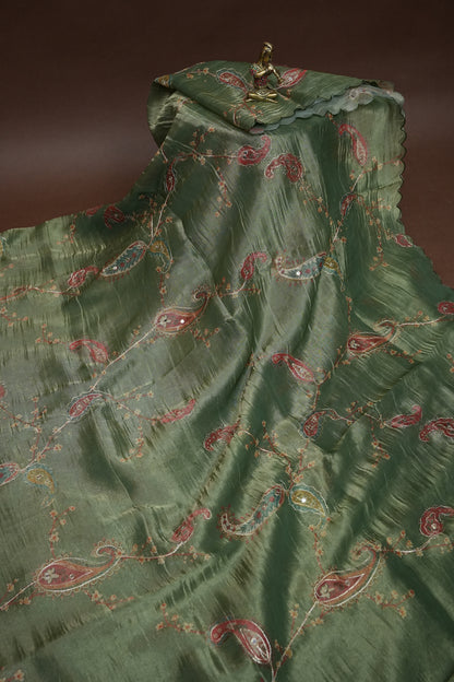 Sage Green Glass Tissue Organza Designer Party Wear Saree