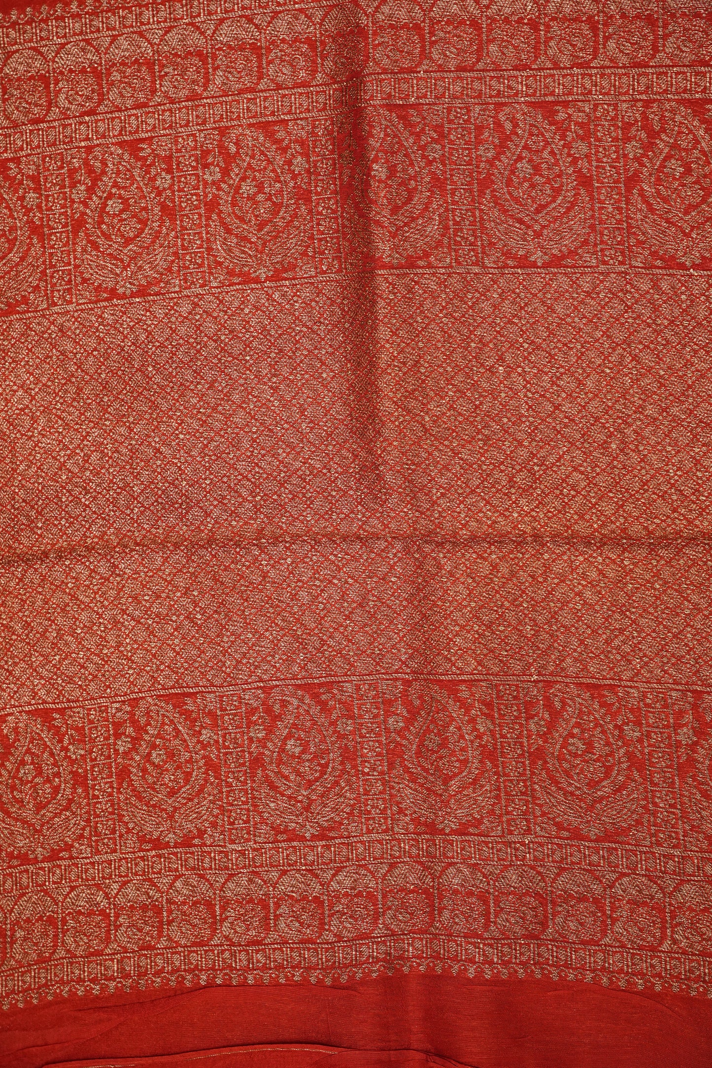 Tussar Banarasi Raw Silk Saree – Vermilion Red with Gold Mango Buttis