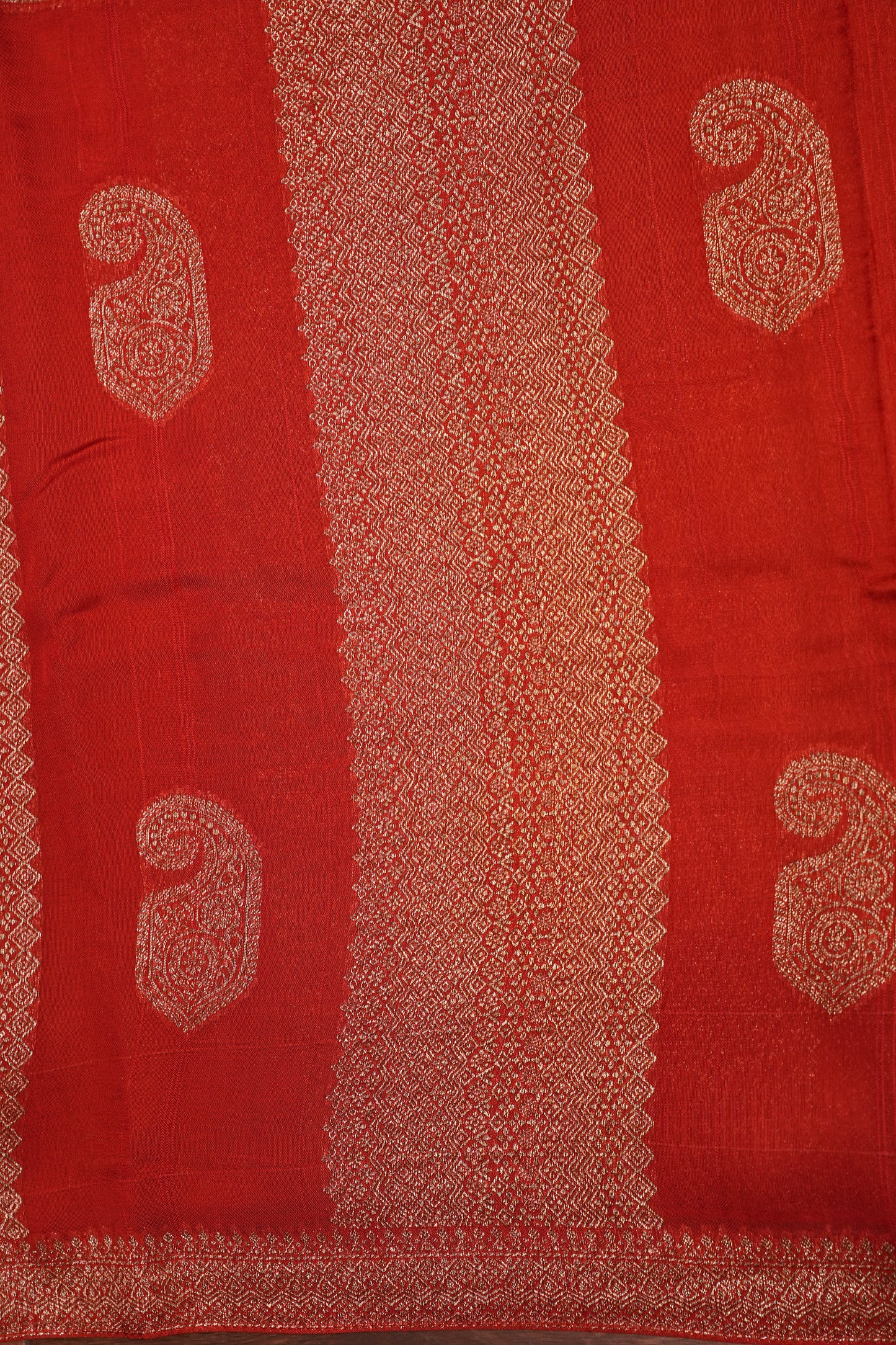 Tussar Banarasi Raw Silk Saree – Vermilion Red with Gold Mango Buttis