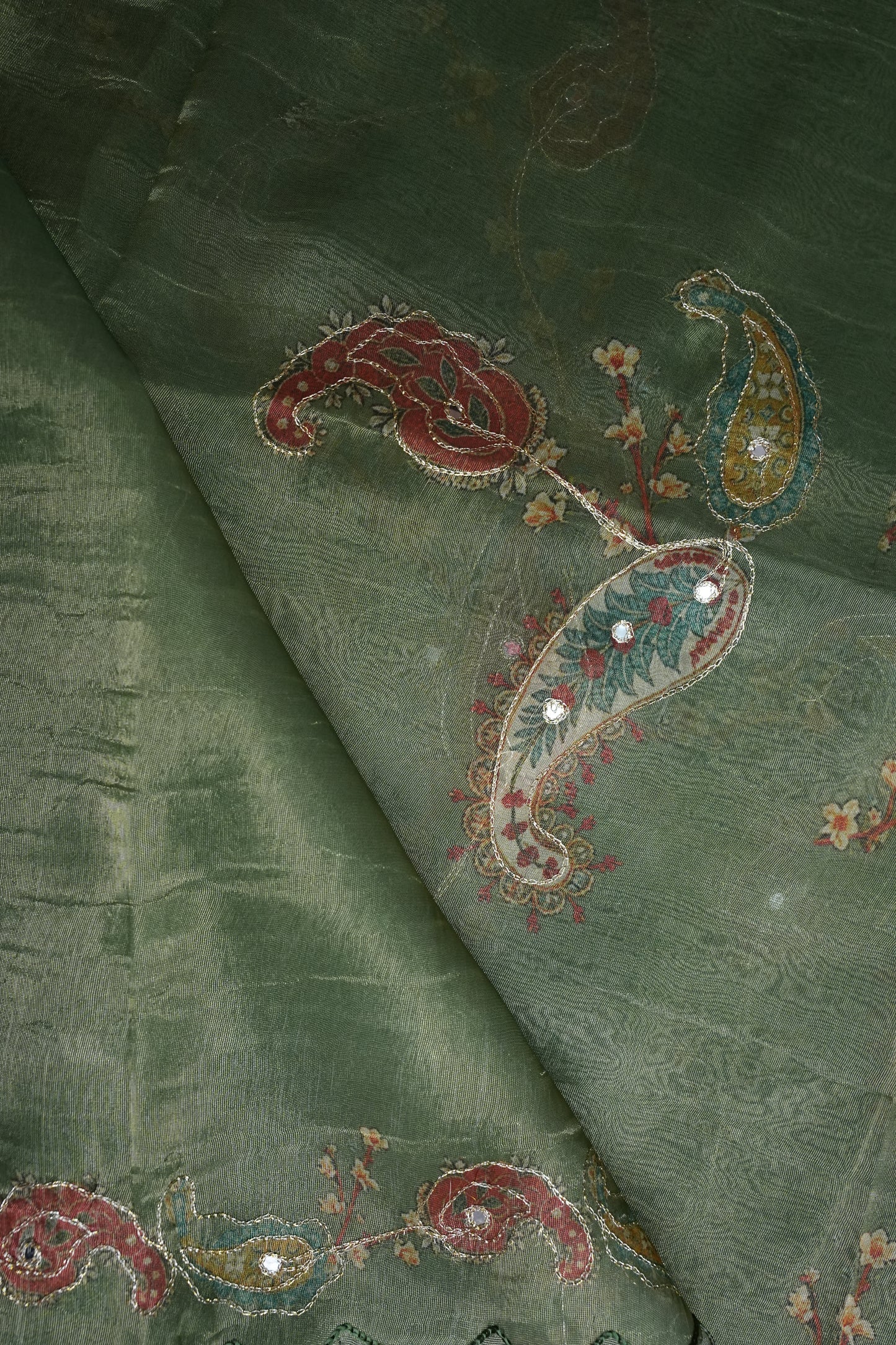 Sage Green Glass Tissue Organza Designer Party Wear Saree