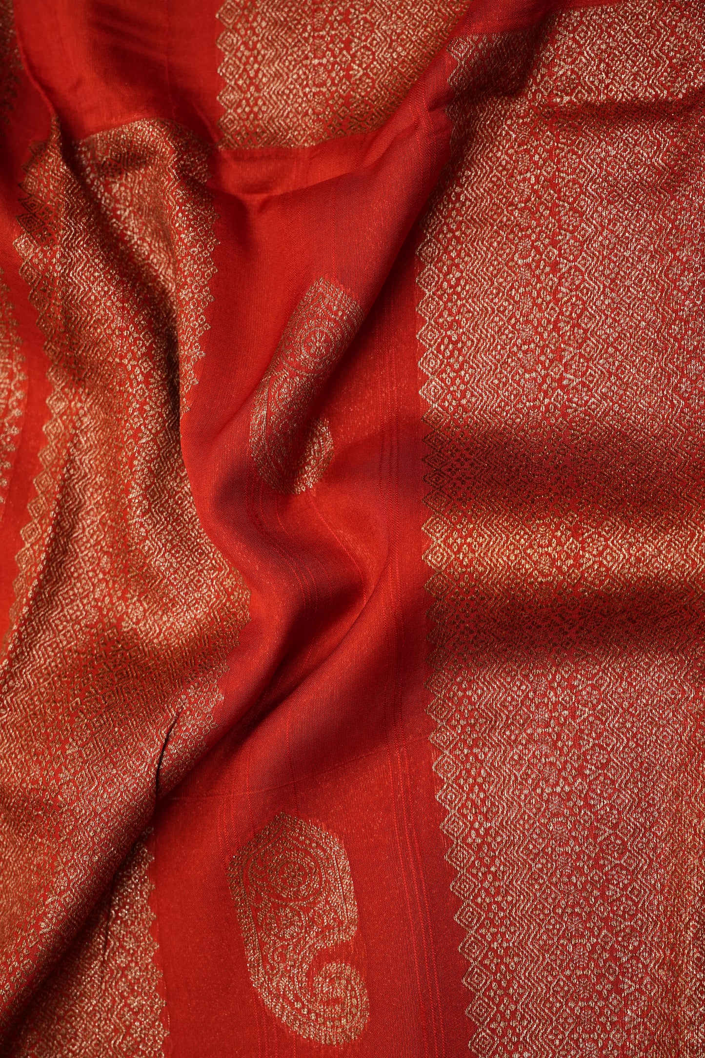 Tussar Banarasi Raw Silk Saree – Vermilion Red with Gold Mango Buttis