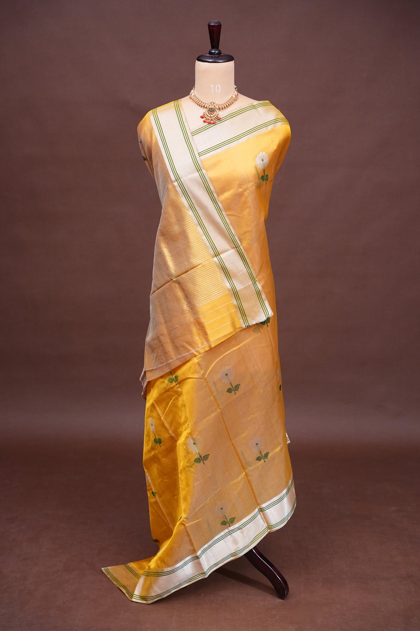 Pure Chanderi Silk Saree with Zari Buttas & Tissue Border - Mustard Yellow