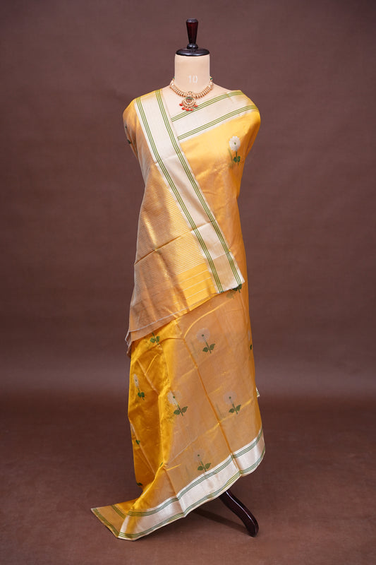 Pure Chanderi Silk Saree with Zari Buttas & Tissue Border - Mustard Yellow