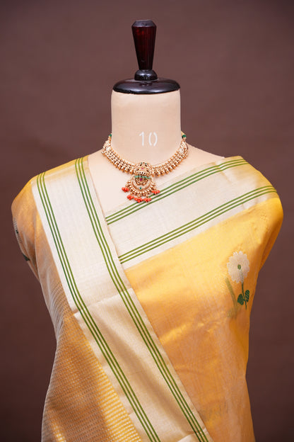 Pure Chanderi Silk Saree with Zari Buttas & Tissue Border - Mustard Yellow