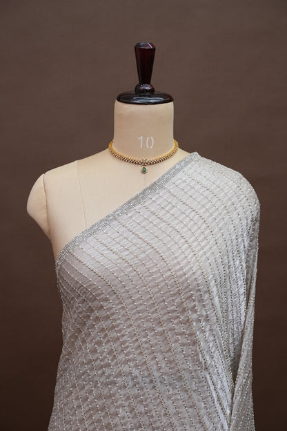 Beaded Party Wear Saree in Ivory with Delicate Sequin Embellishments