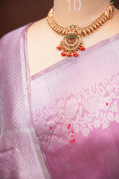 Pure Chanderi Silk Saree with Zari Buttas & Tissue Border - Soft Pink