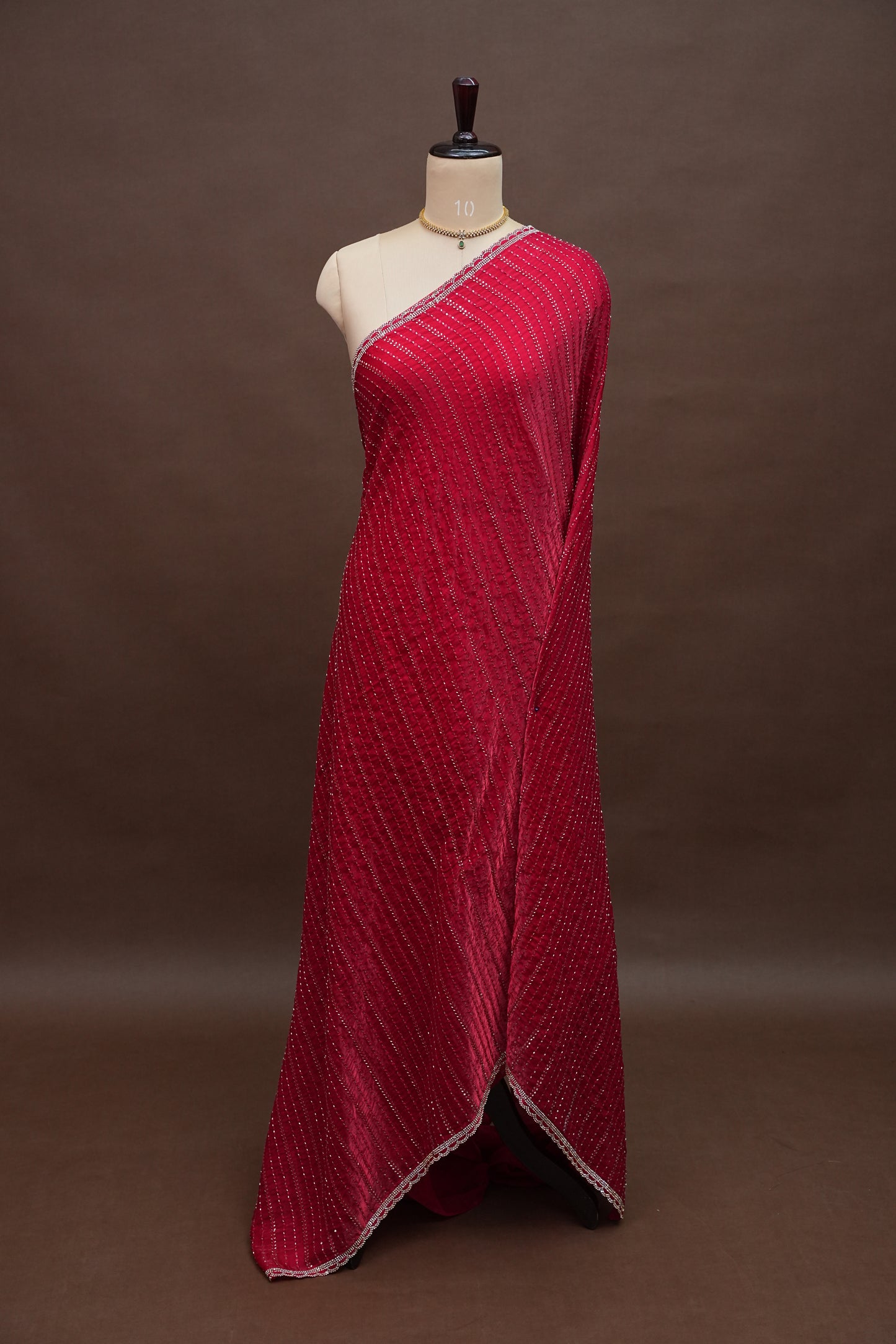 Beaded Party Wear Saree in Ruby Red with Delicate Sequin Embellishments